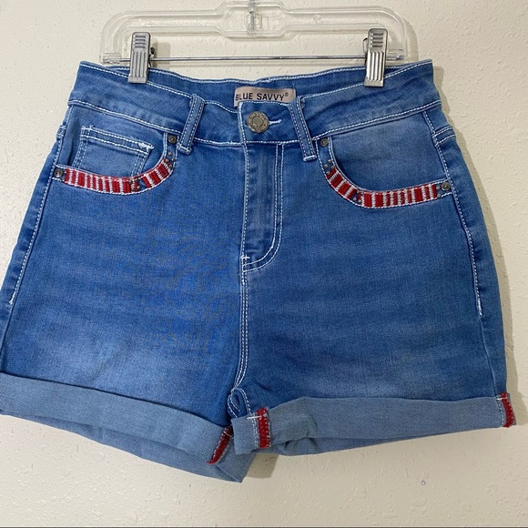 Vintage Boho Embroidered Shorts Blue Sz 7/28 Denim Shorts Cuffed  High R… - Picture 1 of 6